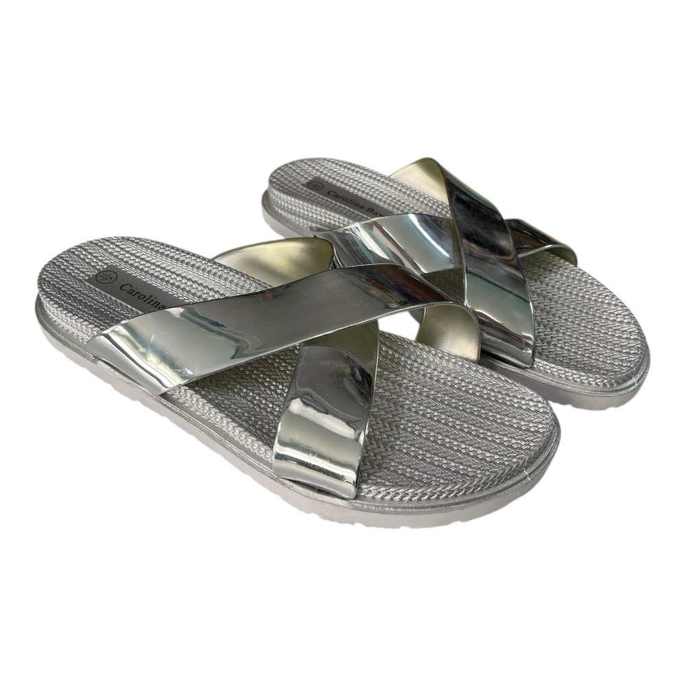Carolina Bay Size 10 Silver Slide Sandals Crisscross Metallic‎ Futuristic Y2K